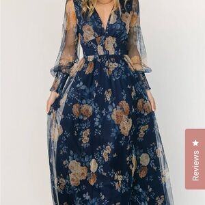 Baltic Born Gold and Blue V-Neck Gown with Bishop Sleeves